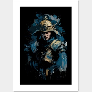 Japanese Samurai in Costume with Sword in Front View Ink Painting Style Posters and Art